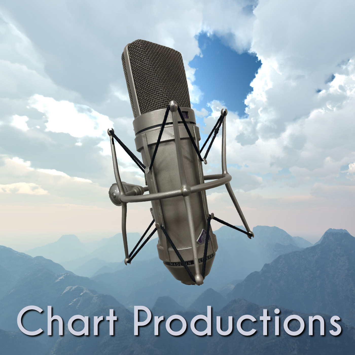 Jordan Rich Logo Chart Productions, microphone and blue sky behind it